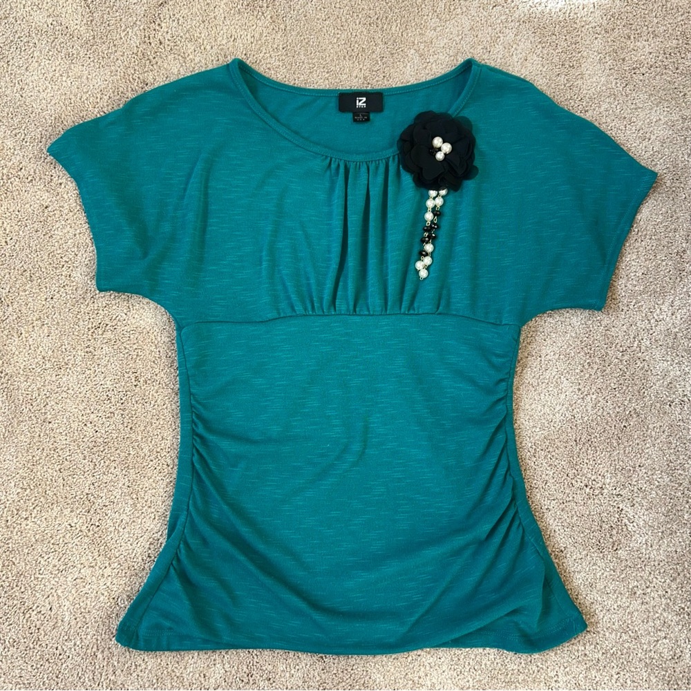 Teal Women's Top with Floral Accent